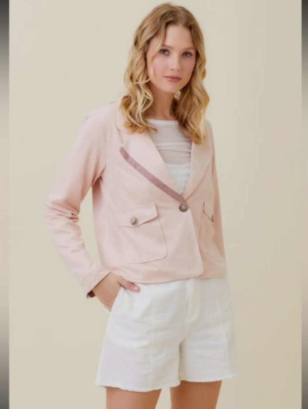 Mystree Elegant Light Pink Suede Crop Blazer Jacket Large NWT